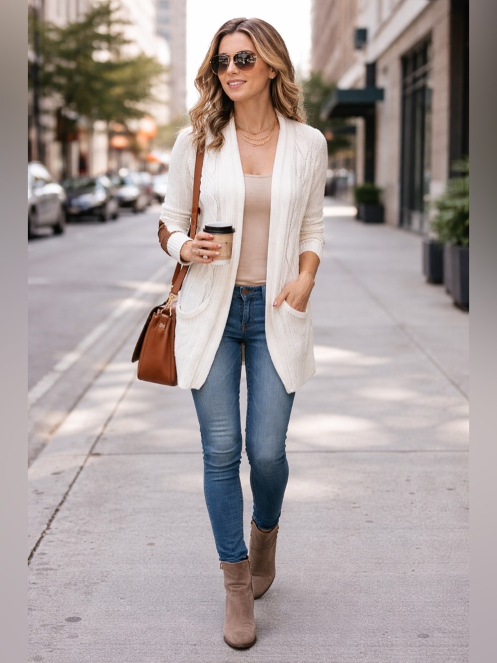 MARKET & SPRUCE Women’s Antoine Cream Brown Elbow Patches Cardigan Sweater L